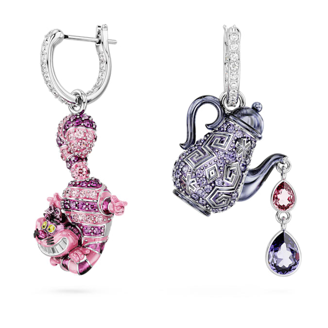 Alice in Wonderland drop earrings Asymmetrical design, Cat and teapot, Multicolored, Rhodium plated - Shukha Online Store
