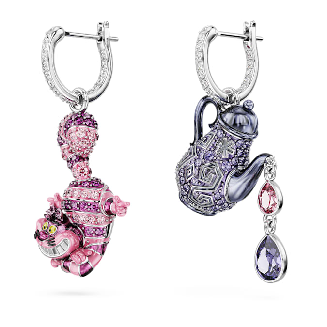 Alice in Wonderland drop earrings Asymmetrical design, Cat and teapot, Multicolored, Rhodium plated - Shukha Online Store