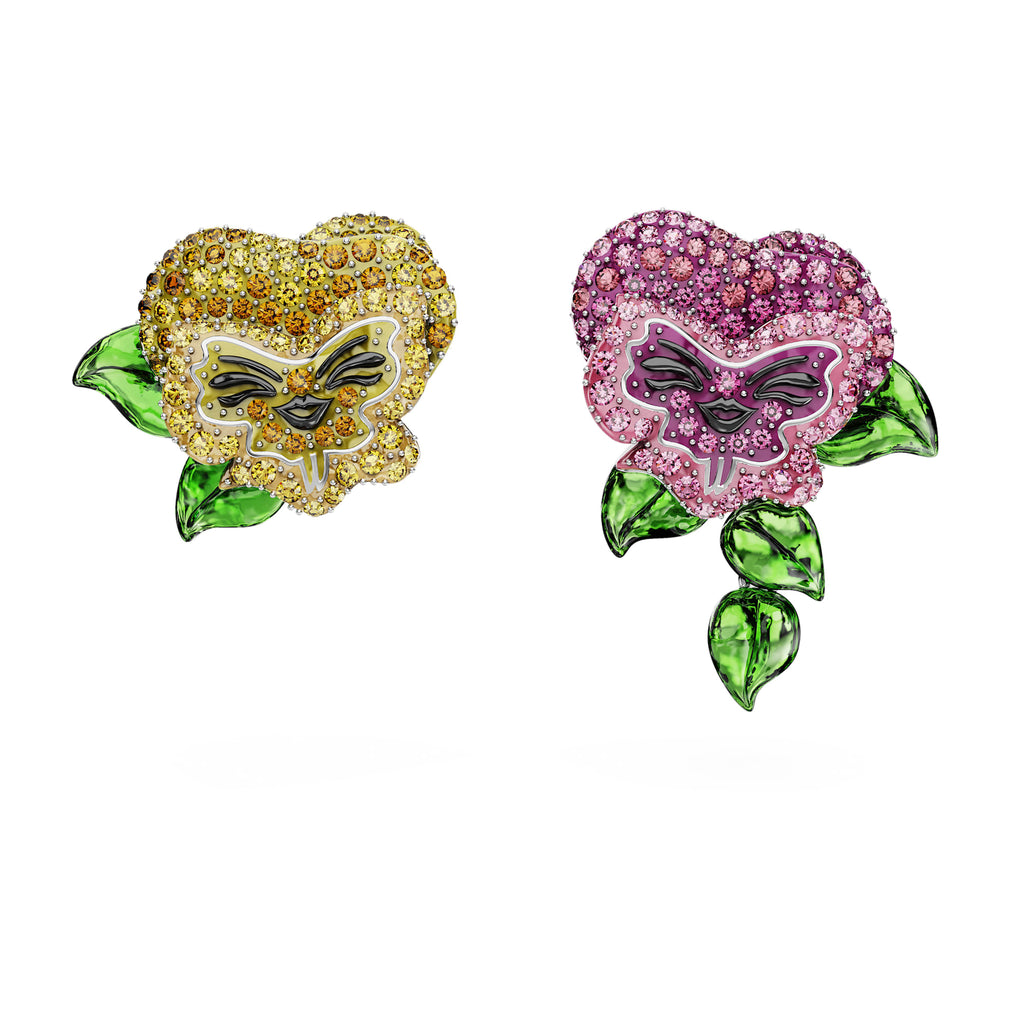 Alice in Wonderland stud earrings Asymmetrical design, Flower, Multicolored, Rhodium plated - Shukha Online Store