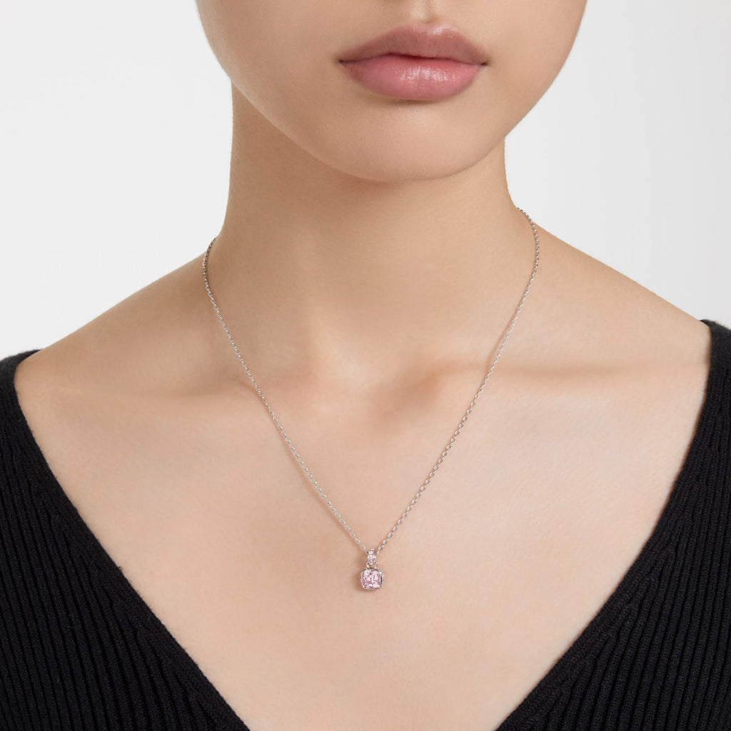 Birthstone pendant Square cut, June, Pink, Rhodium plated - Shukha Online Store
