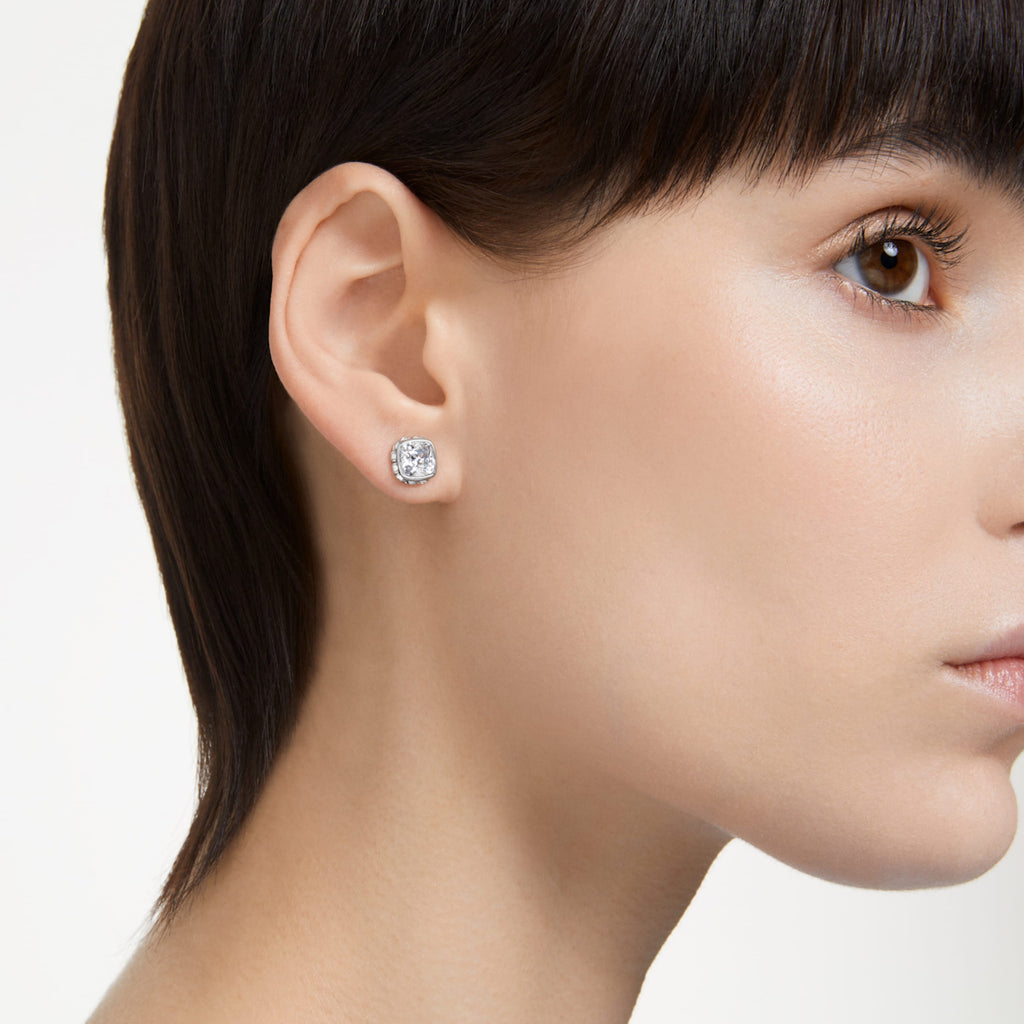 Birthstone stud earrings Square cut, April, White, Rhodium plated - Shukha Online Store