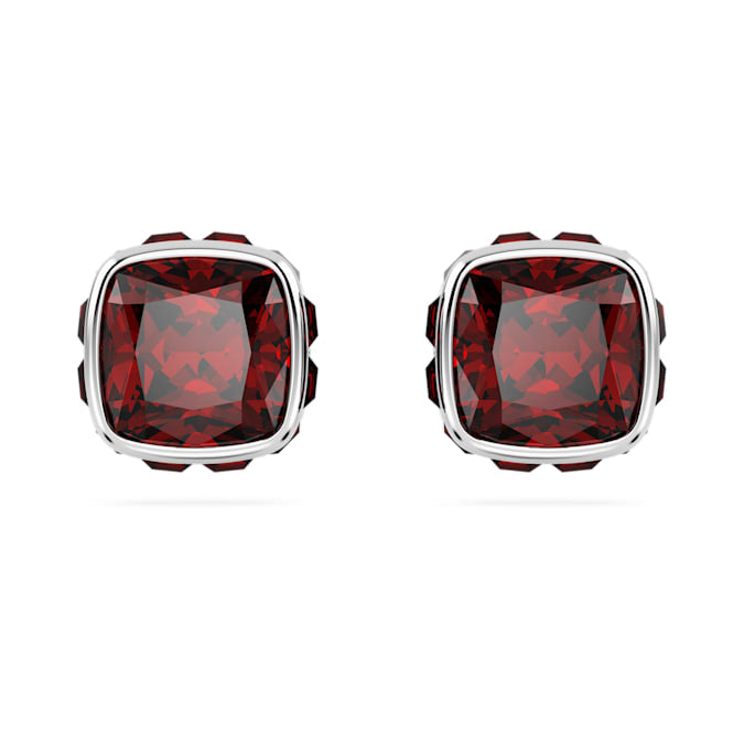 Birthstone stud earrings Square cut, January, Red, Rhodium plated - Shukha Online Store