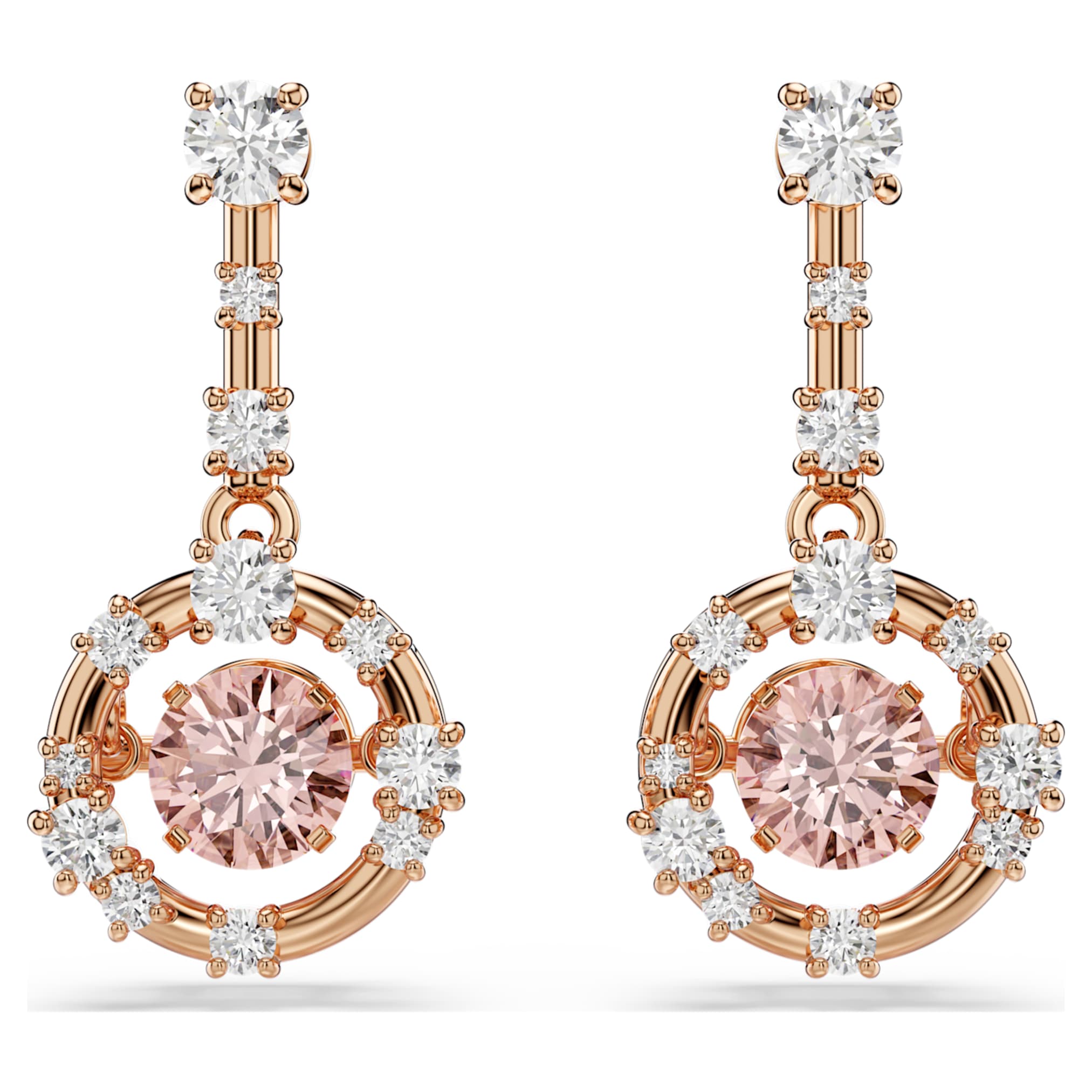 Constella drop earrings Round cut, Dancing stone, Pink, Rose gold-tone