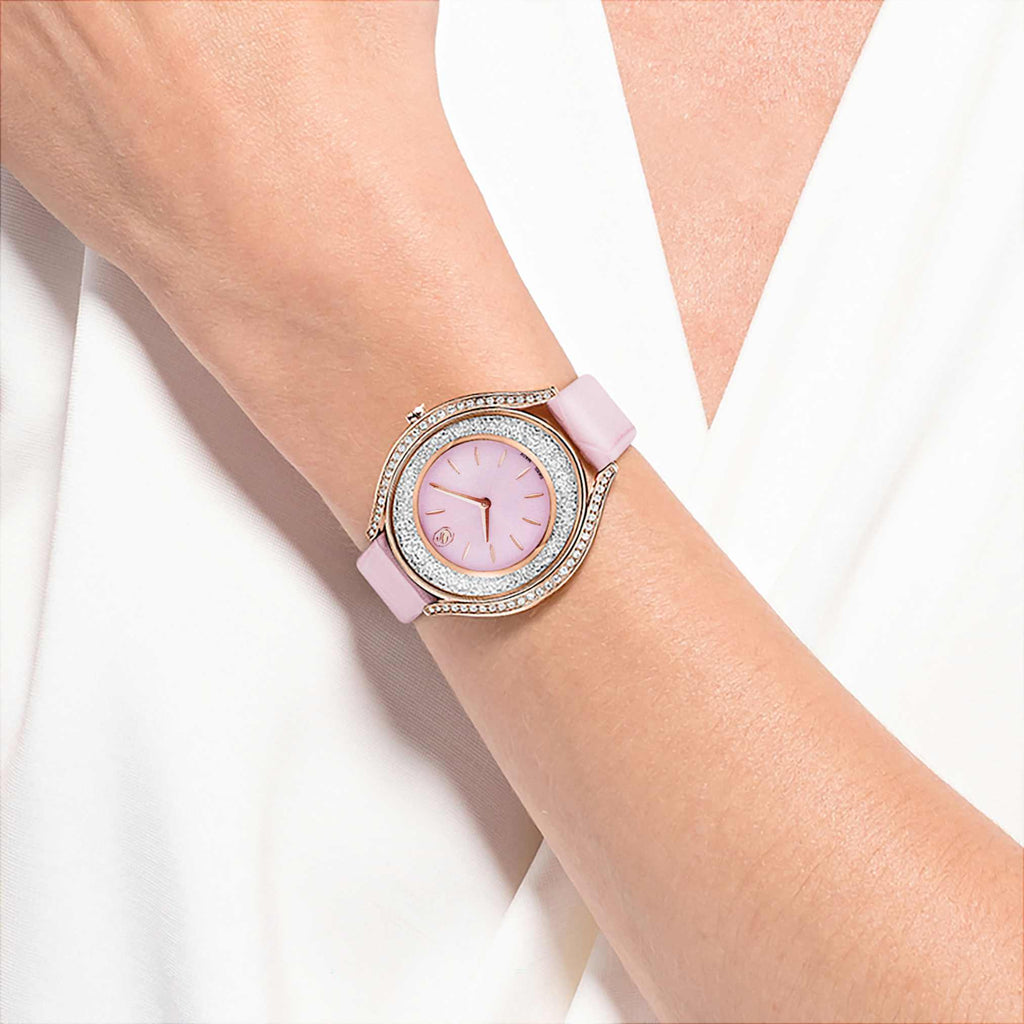 Crystalline aura watch Swiss Made, Leather strap, Pink, Rose gold-tone ...