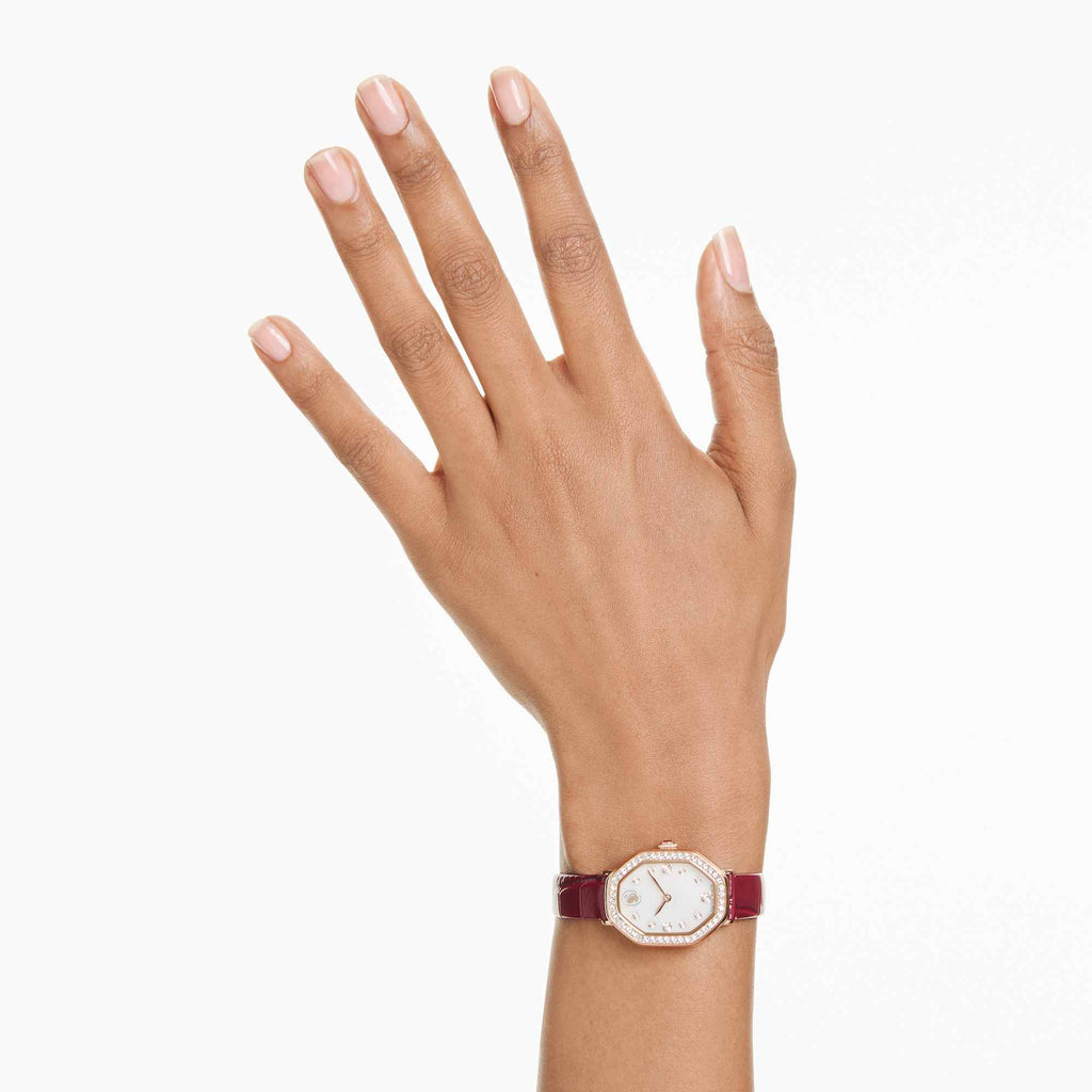 Dextera octagon watch Swiss Made, Leather strap, Red, Rose gold-tone finish - Shukha Online Store