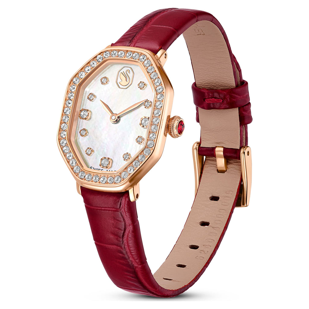 Dextera octagon watch Swiss Made, Leather strap, Red, Rose gold-tone finish - Shukha Online Store