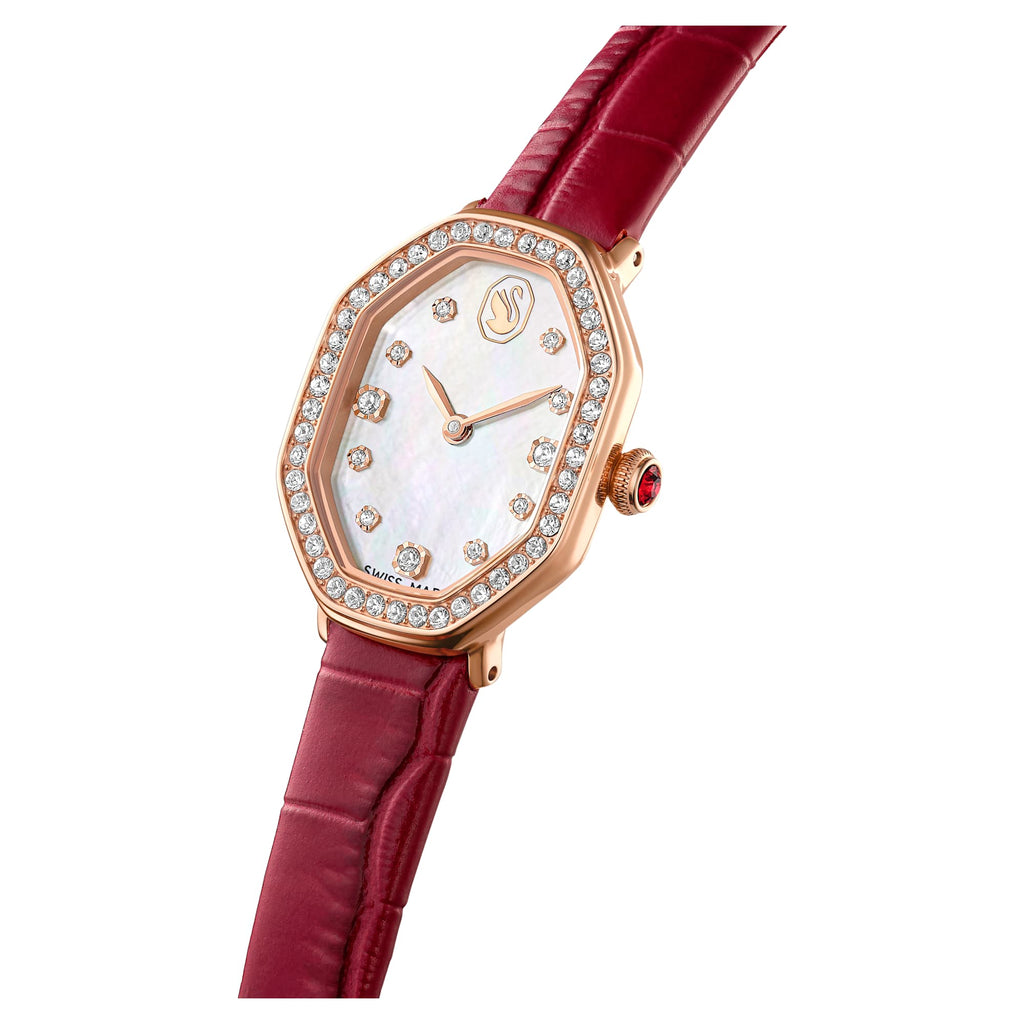 Dextera octagon watch Swiss Made, Leather strap, Red, Rose gold-tone finish - Shukha Online Store