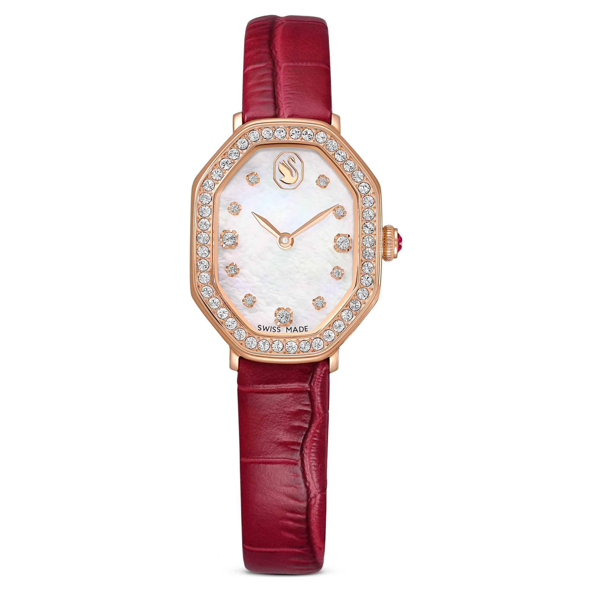 Dextera octagon watch Swiss Made, Leather strap, Red, Rose gold-tone f