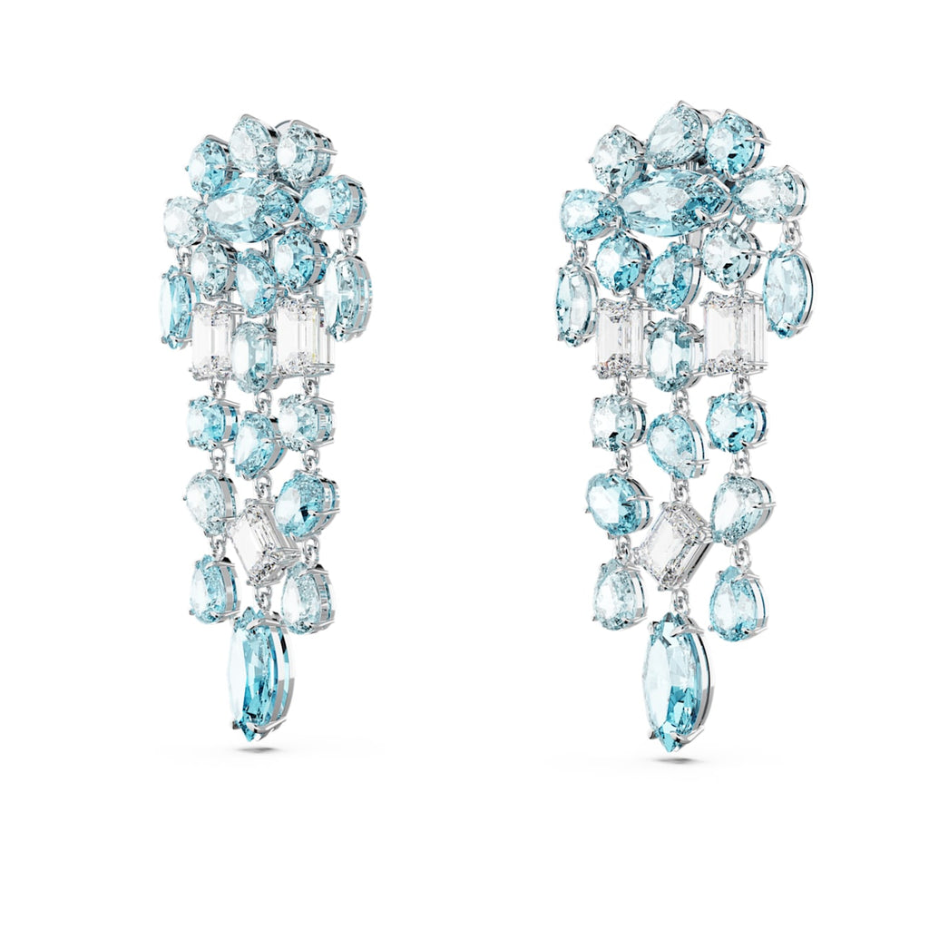 Gema clip earrings Mixed cuts, Chandelier, Extra long, Blue, Rhodium plated - Shukha Online Store