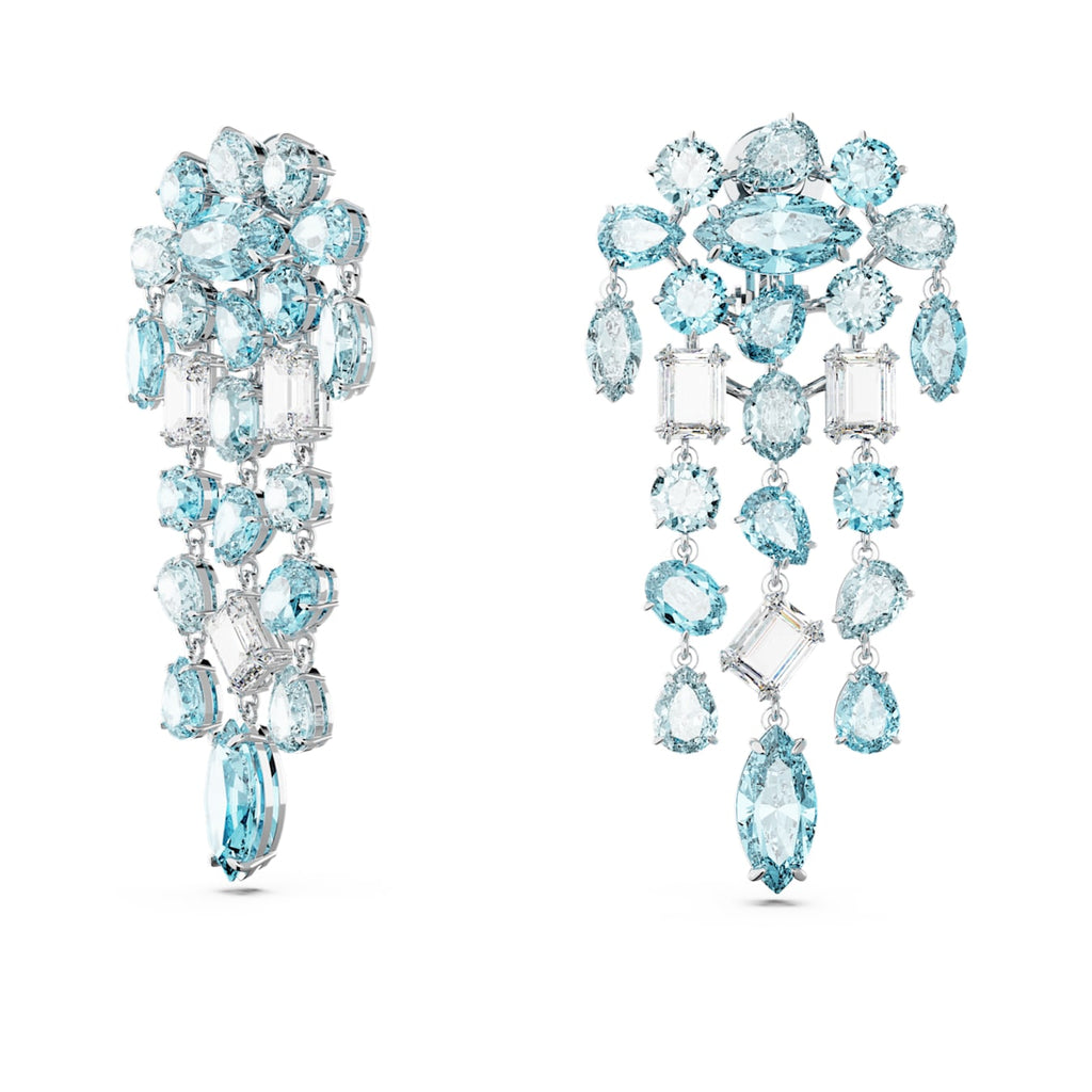 Gema clip earrings Mixed cuts, Chandelier, Extra long, Blue, Rhodium plated - Shukha Online Store