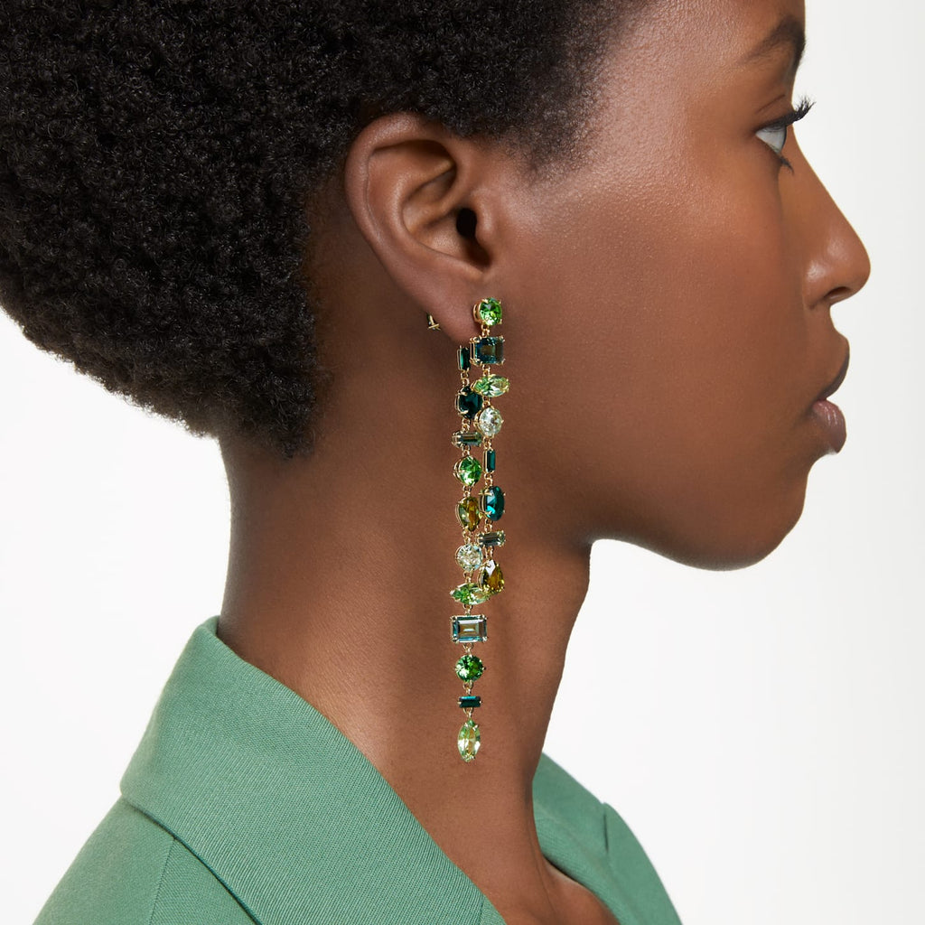 Gema drop earrings Asymmetrical design, Mixed cuts, Extra long, Green, Gold-tone plated - Shukha Online Store