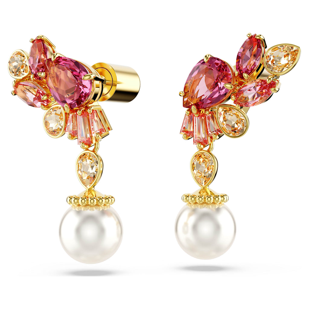 Gema drop earrings Mixed cuts, Crystal pearls, Flower, Pink, Gold-tone plated - Shukha Online Store