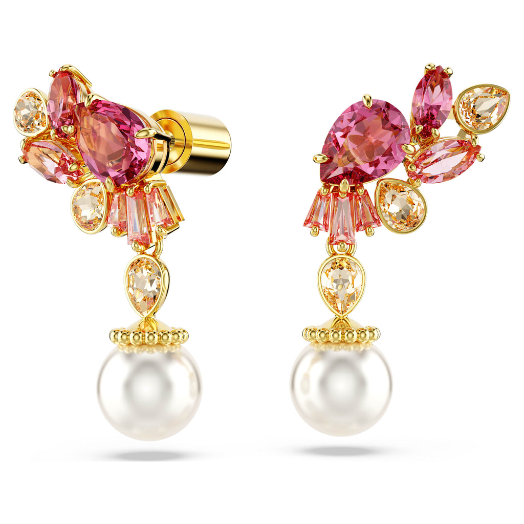 Gema drop earrings Mixed cuts, Crystal pearls, Flower, Pink, Gold-tone plated - Shukha Online Store