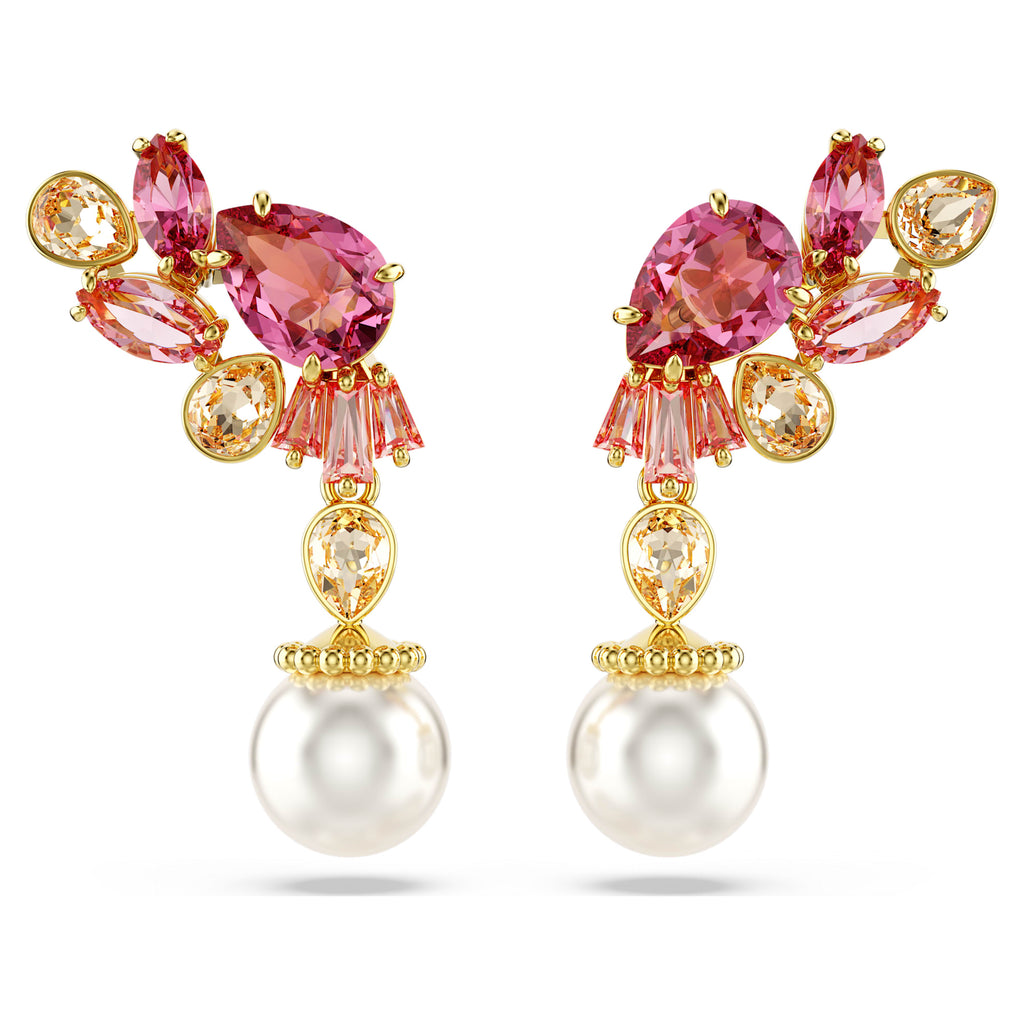 Gema drop earrings Mixed cuts, Crystal pearls, Flower, Pink, Gold-tone plated - Shukha Online Store