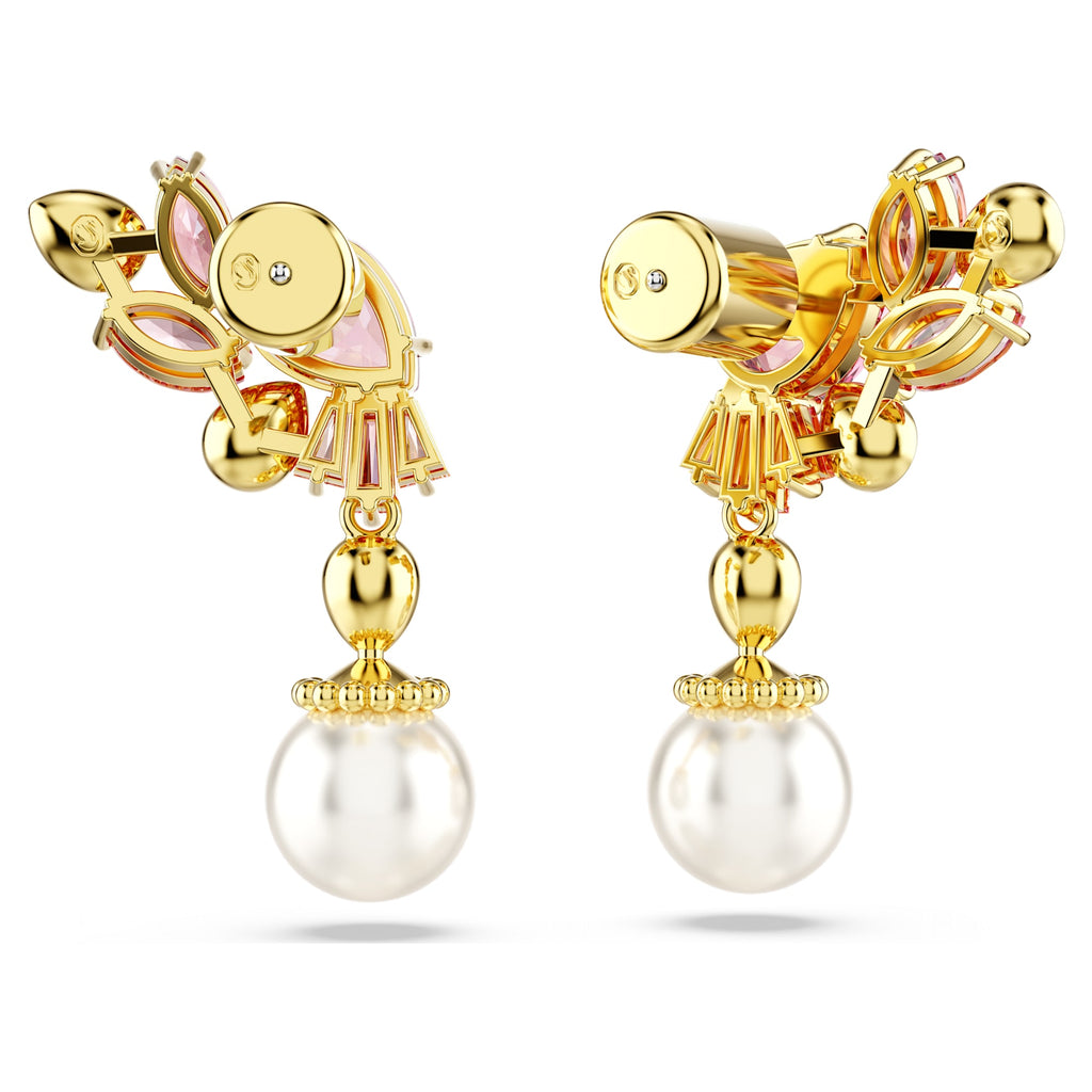 Gema drop earrings Mixed cuts, Crystal pearls, Flower, Pink, Gold-tone plated - Shukha Online Store