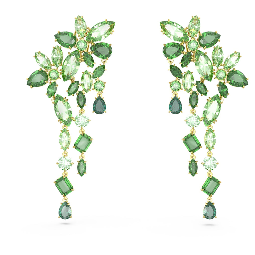Stilla drop earrings, Pear cut, Green, Gold-tone plated