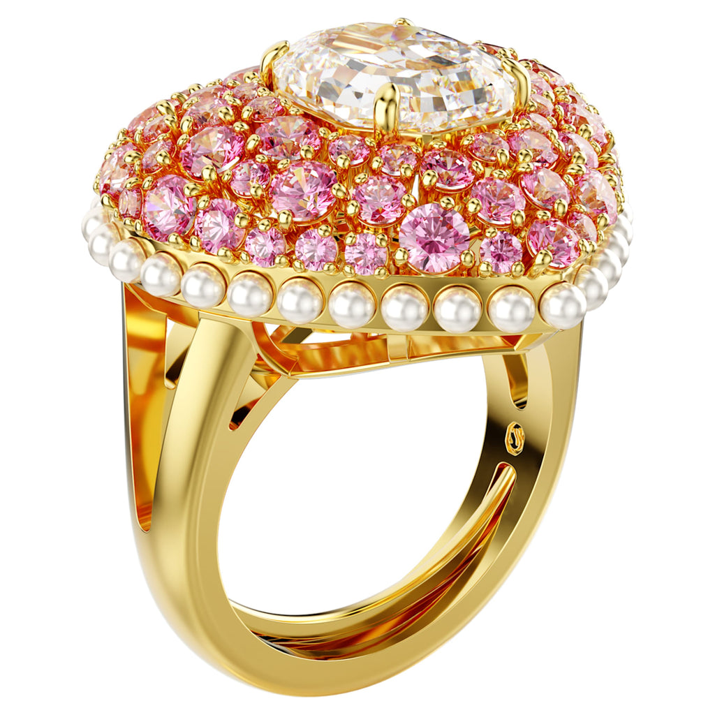 Hyperbola cocktail ring Octagon cut, Crystal pearls, Heart, Pink, Gold-tone plated - Shukha Online Store