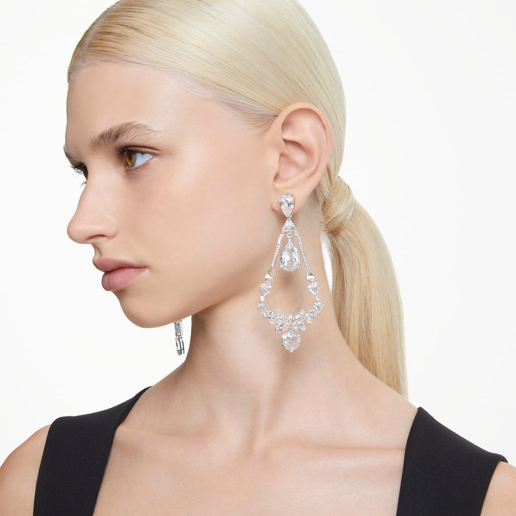 Mesmera clip earrings Mixed cuts, Chandelier, Long, White, Rhodium plated - Shukha Online Store
