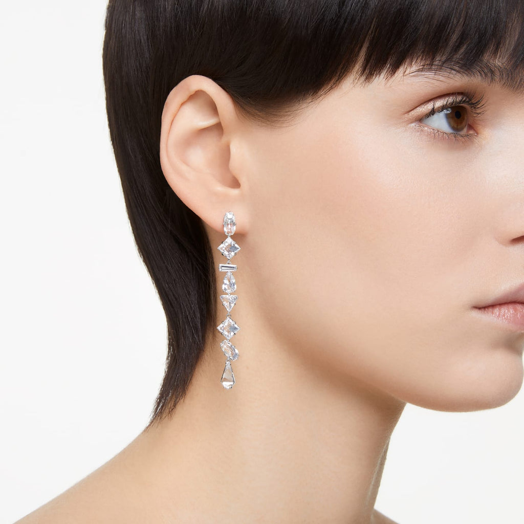 Mesmera drop earrings Asymmetrical design, Mixed cuts, Long, White, Rhodium plated - Shukha Online Store