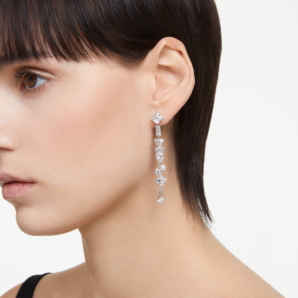 Mesmera drop earrings Asymmetrical design, Mixed cuts, Long, White, Rhodium plated - Shukha Online Store