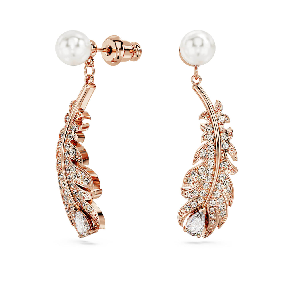 Nice drop earrings Mixed cuts, Feather, White, Rose gold-tone plated - Shukha Online Store