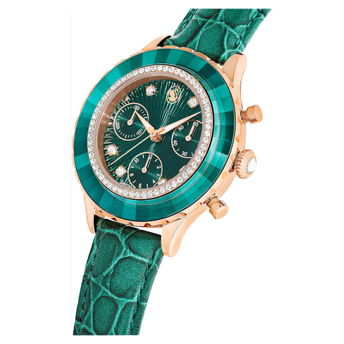 Octea Chrono watch Swiss Made, Leather strap, Green, Rose gold-tone finish - Shukha Online Store