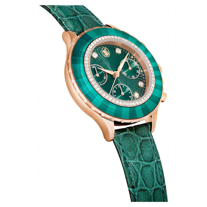 Octea Chrono watch Swiss Made, Leather strap, Green, Rose gold-tone finish - Shukha Online Store