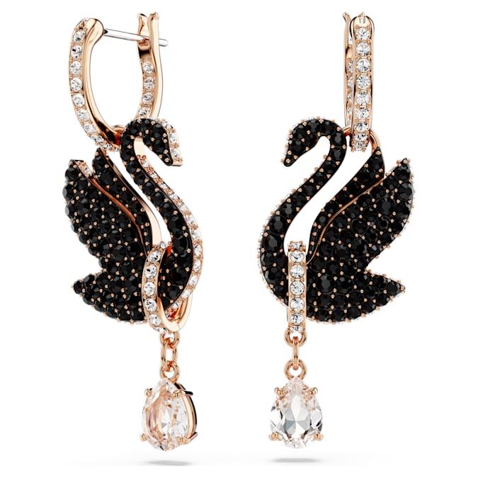 Swarovski Swan drop earrings Swan, Black, Rose gold-tone plated - Shukha Online Store