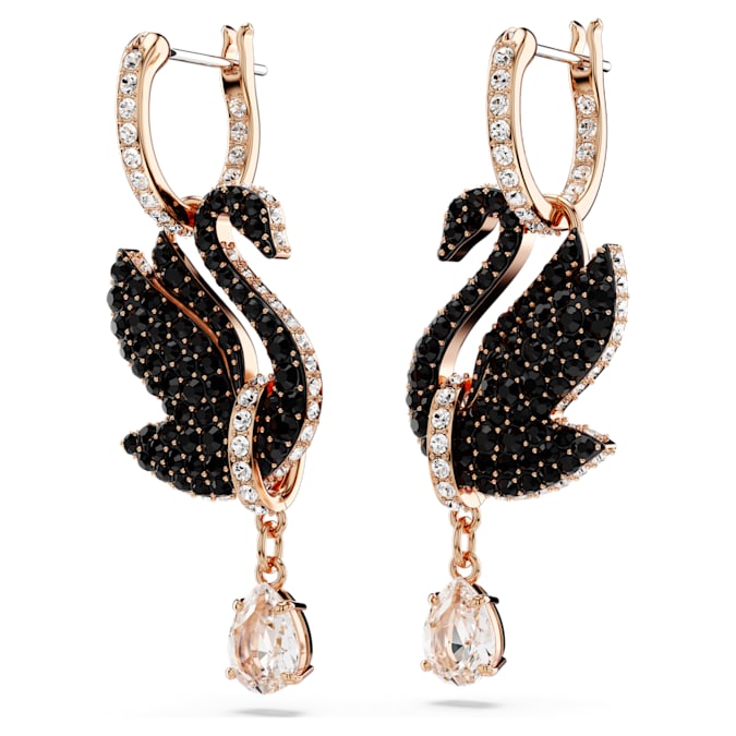 Swarovski Swan drop earrings Swan, Black, Rose gold-tone plated - Shukha Online Store