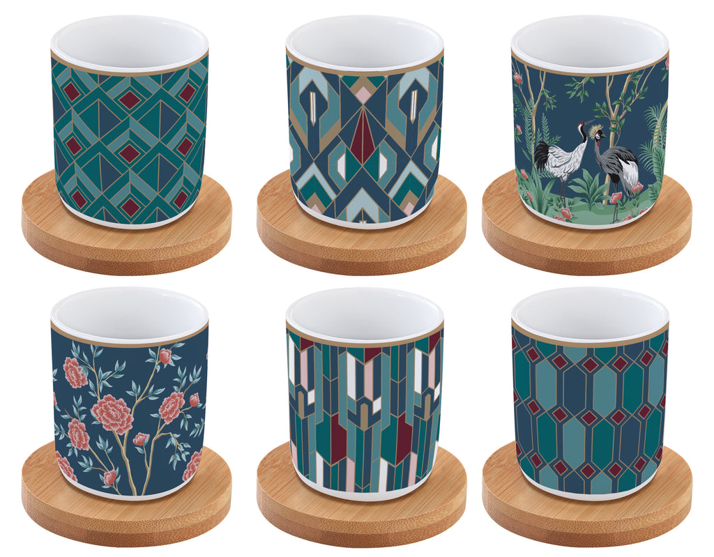 Set 6 coffee cups in porcelain & bamboo saucers in gift box MANDALAY - Shukha Online Store