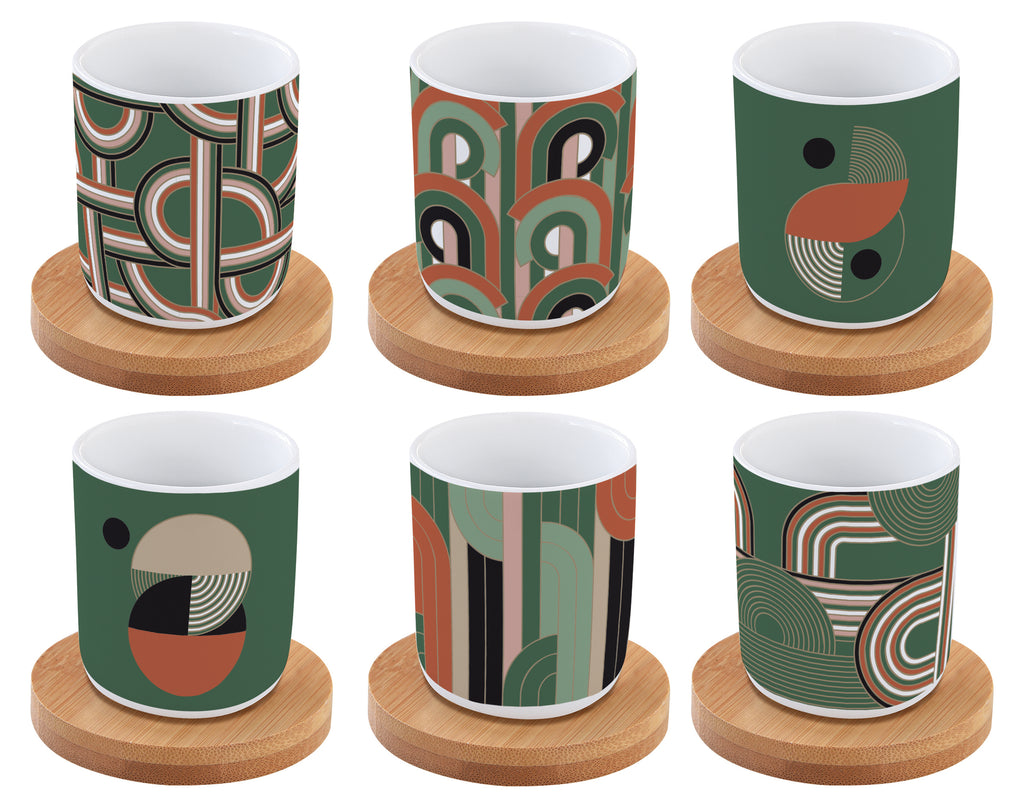 Set 6 coffee cups in porcelain & bamboo saucers in gift box GEOMETRICAL L - Shukha Online Store