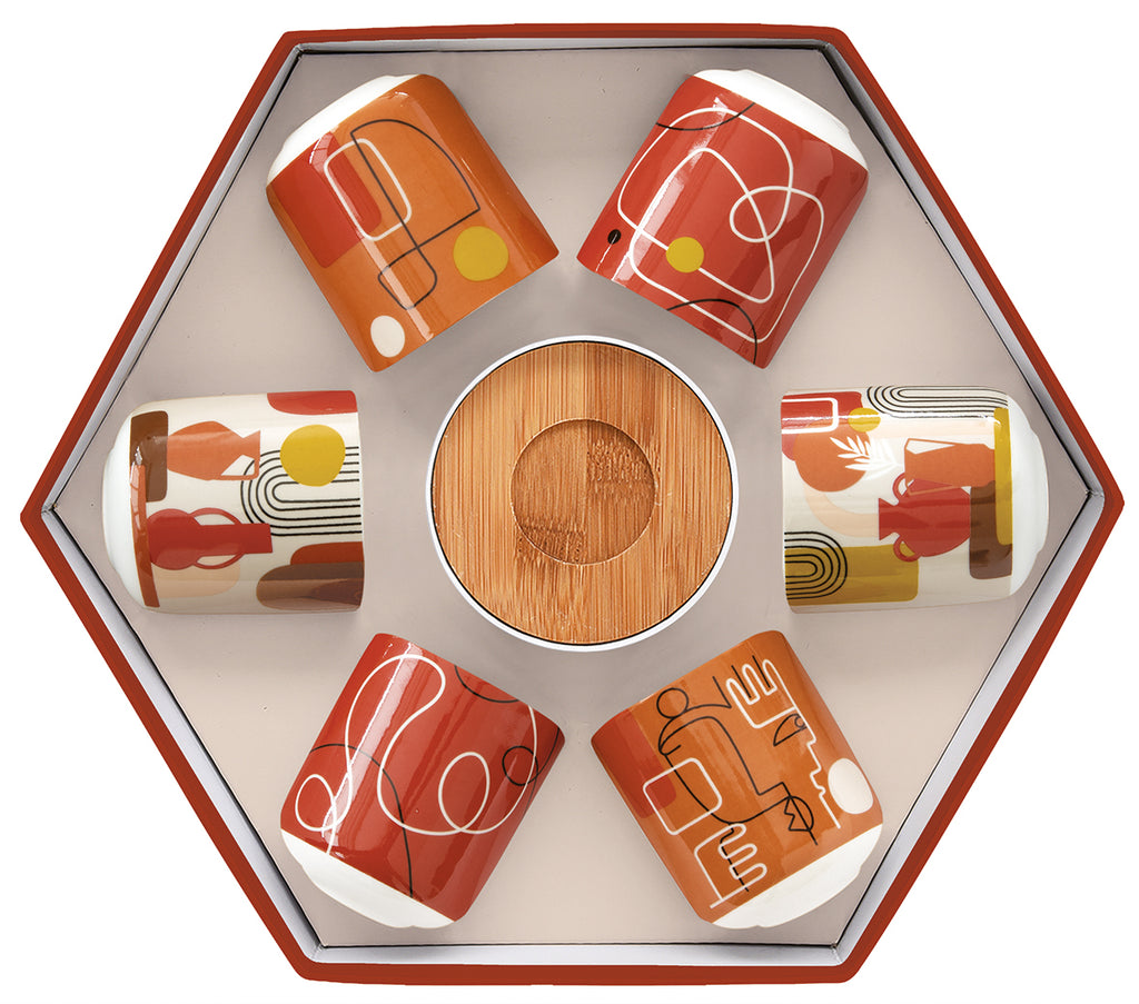 Set 6 coffee cups in porcelain & bamboo saucers in gift box TERRACOTTA - Shukha Online Store