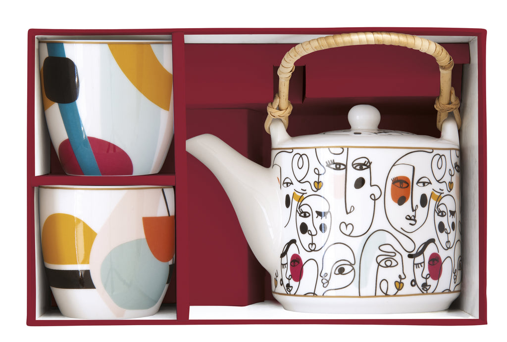 Porc.teapot 600 ml w/metal  infuser and 2 cups 160 ml in gift box MODERNISM - Shukha Online Store