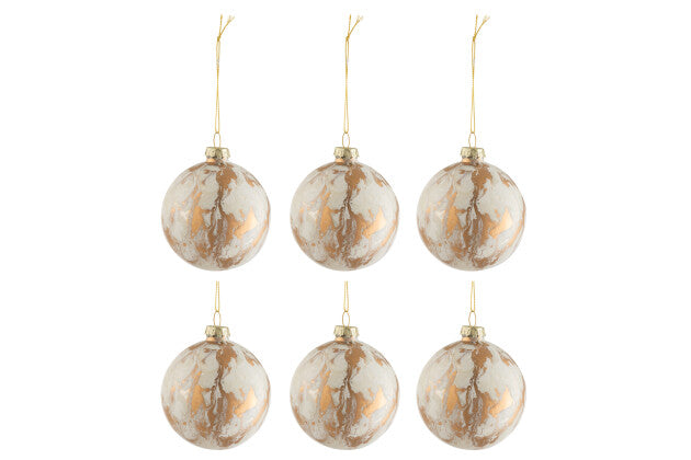 Box Of 6 Christmas Baubles Marble Look Glass White/Gold Small - Shukha Online Store