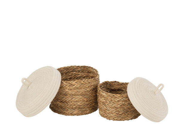 Set Of 2 Baskets+Lid Round Grass/Cotton Natural/White - Shukha Online Store