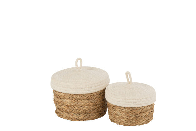 Set Of 2 Baskets+Lid Round Grass/Cotton Natural/White - Shukha Online Store