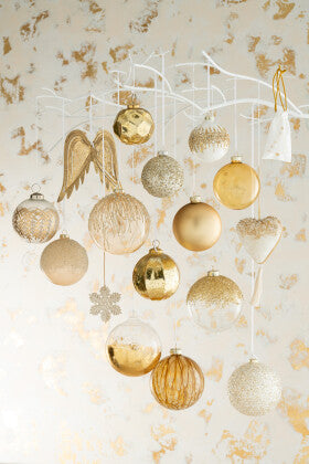 Box Of 6 Christmas Baubles Round Glitter Gold Glass Shiny White - Shukha Online Store