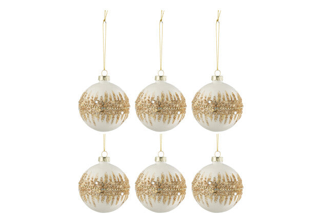Box Of 6 Christmas Baubles Round Glitter Gold Glass Shiny White - Shukha Online Store