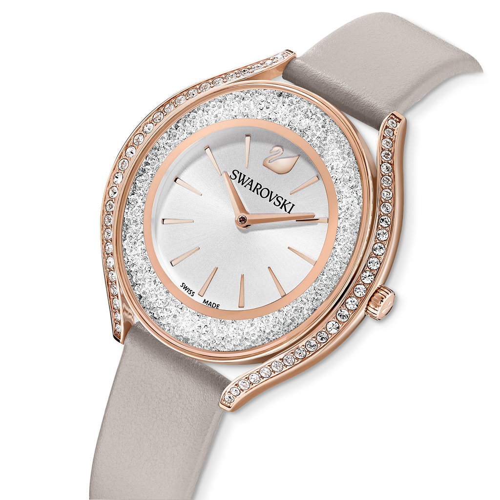 Crystalline Aura watch Leather strap, Gray, Rose-gold tone PVD - Shukha Online Store