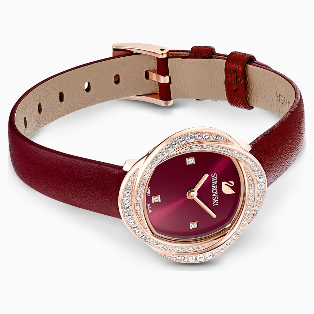 CRYSTAL FLOWER WATCH, LEATHER STRAP, RED, ROSE-GOLD TONE PVD