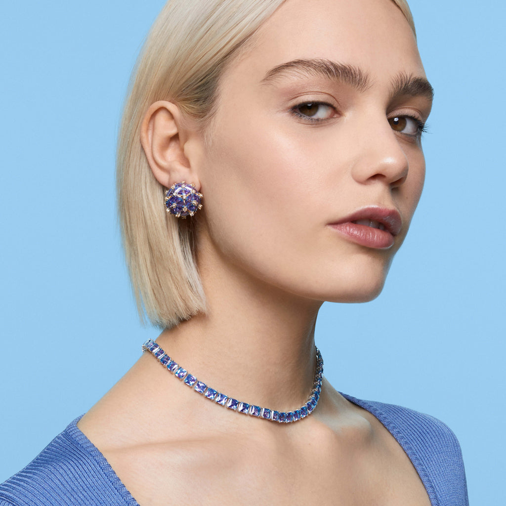 Swarovski Rhodium Plated Blue Louison Stud Pierced Earrings