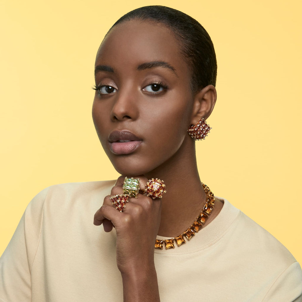 Curiosa stud earring Single, Square, Orange, Gold-tone plated - Shukha Online Store