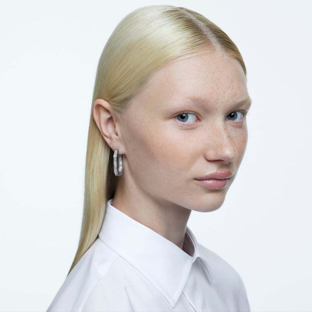 Dextera hoop earrings Octagonal, Medium, White, Rhodium plated - Shukha Online Store