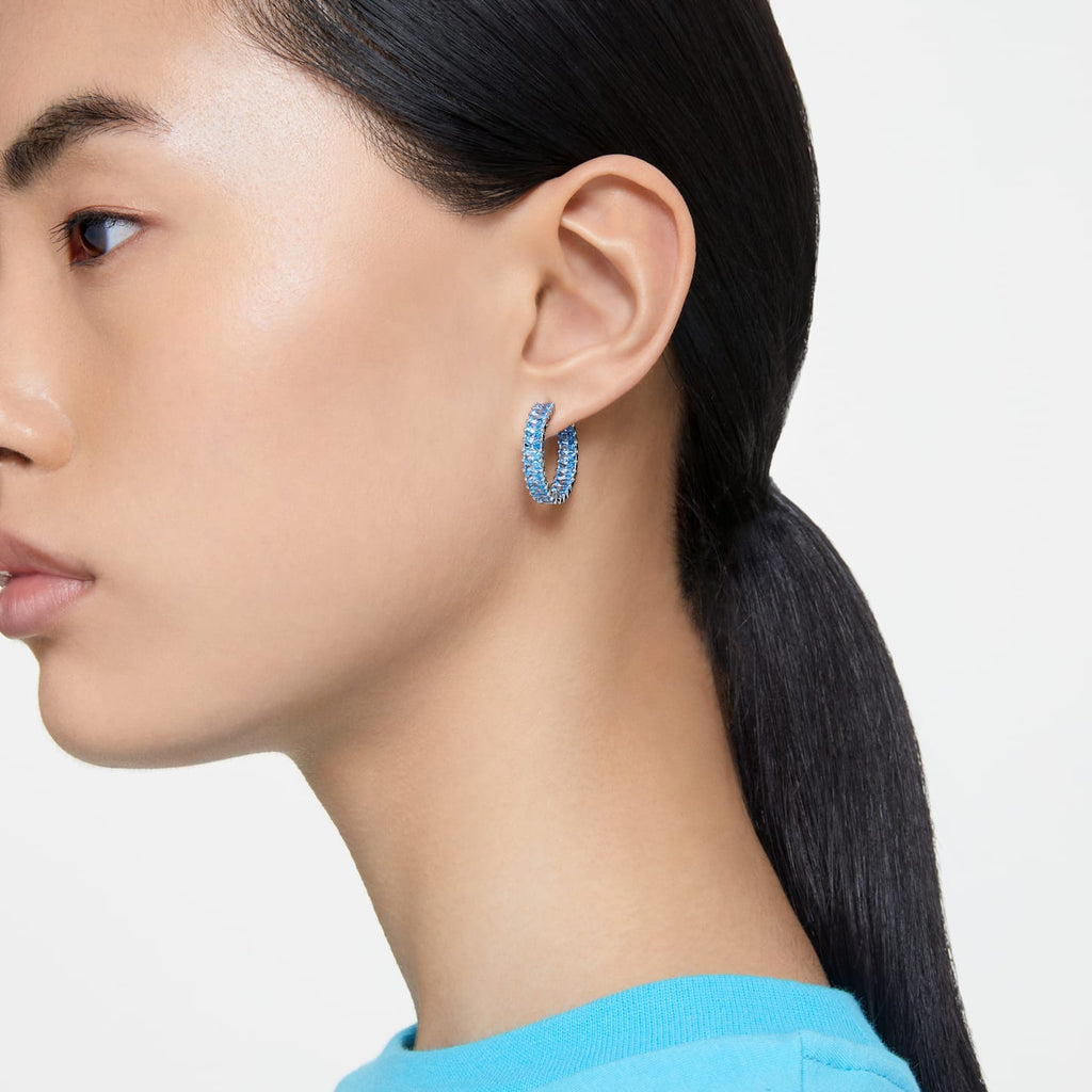 Matrix hoop earrings Baguette cut, Blue, Rhodium plated - Shukha Online Store