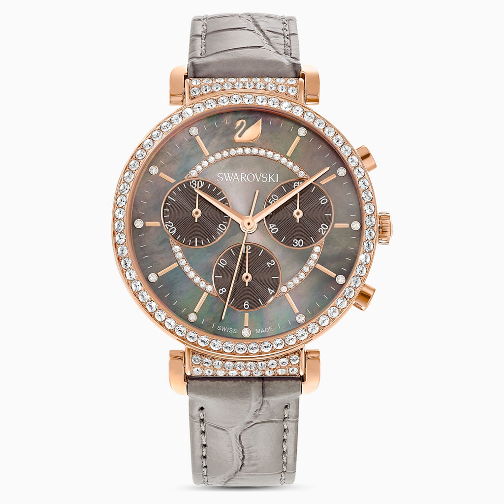 PASSAGE CHRONO WATCH, LEATHER STRAP, GRAY, ROSE-GOLD TONE PVD - Shukha Online Store