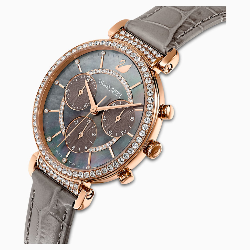 PASSAGE CHRONO WATCH, LEATHER STRAP, GRAY, ROSE-GOLD TONE PVD - Shukha Online Store