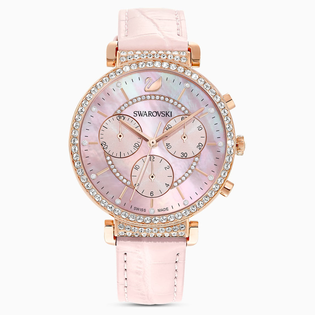 PASSAGE CHRONO WATCH, LEATHER STRAP, PINK, ROSE-GOLD TONE PVD - Shukha Online Store