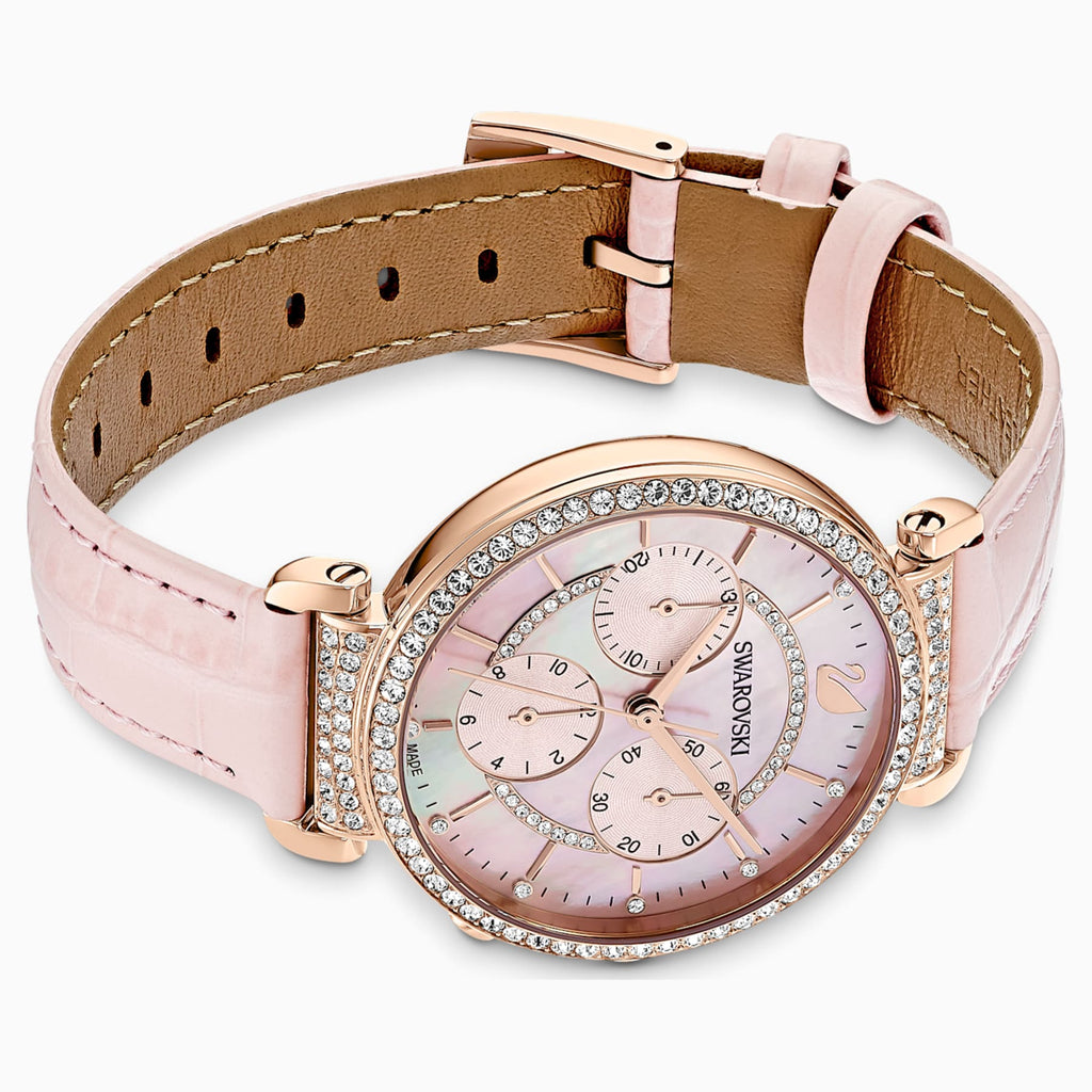 PASSAGE CHRONO WATCH, LEATHER STRAP, PINK, ROSE-GOLD TONE PVD - Shukha Online Store