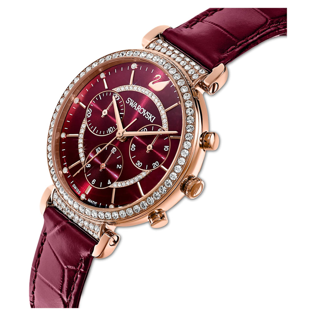 Passage Chrono Watch, Leather strap, Red, Rose-gold tone PVD - Shukha Online Store