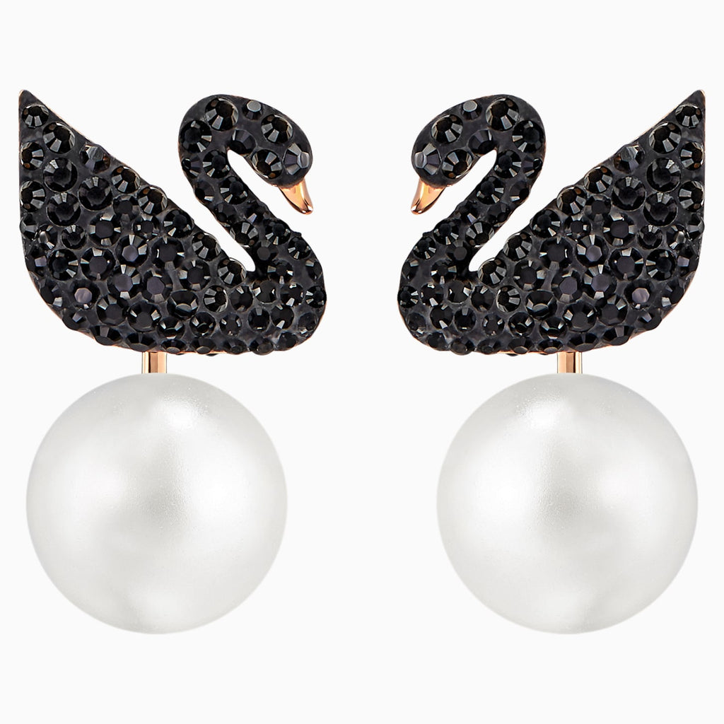VERSATILE ICONIC SWAN PIERCED EARRING JACKETS, BLACK, ROSE-GOLD TONE PLATED - Shukha Online Store